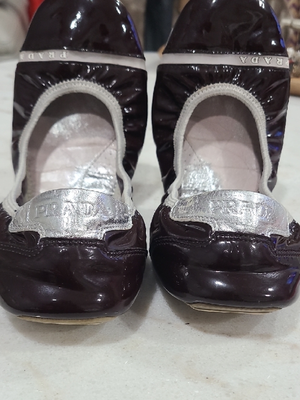 Prada Plum Patent Leather Ballet Flats with Silver Accents - Picture 9 of 9